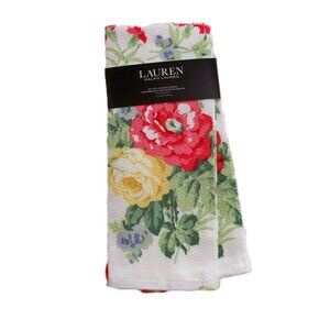 Lauren 2 Pc. Kitchen Towel Set White Pink Yellow Floral Design 100% Cotton NWT